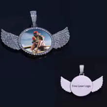 Custom Wing Circle Photo Pendant – Iced Out Hip Hop Necklace