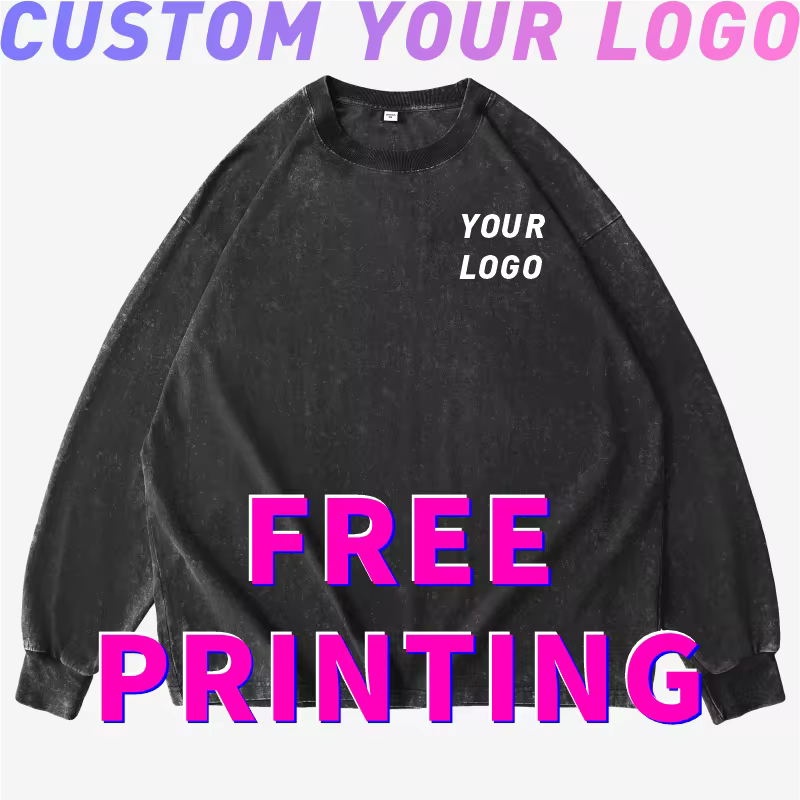 Custom Vintage Washed T-Shirt – Free Logo & Image Print, Long Sleeve Cotton Casual Tee for Men & Women