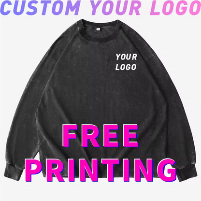 Custom Vintage Washed T-Shirt – Free Logo & Image Print, Long Sleeve Cotton Casual Tee for Men & Women