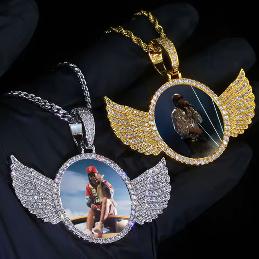 Custom Wing Circle Photo Pendant – Iced Out Hip Hop Necklace